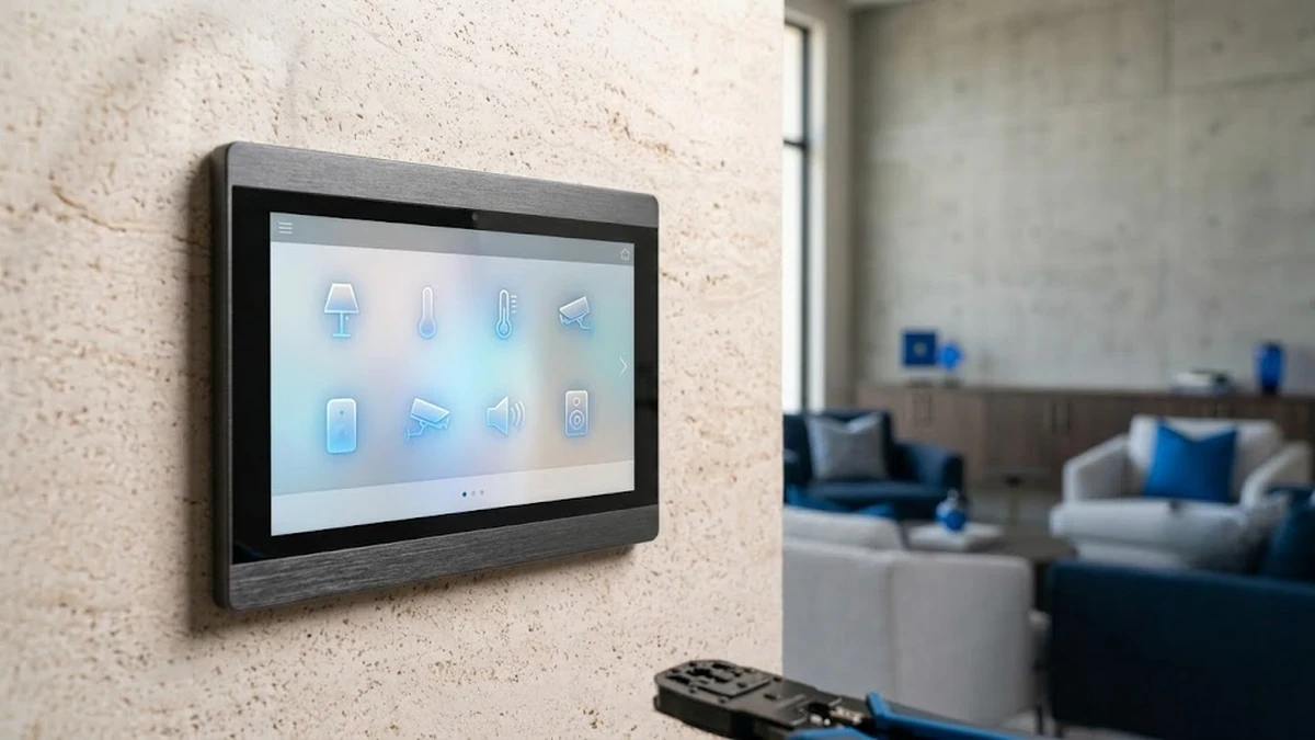 شاشة تحكم جدارية ذكية لنظام Control4 داخل صالة فيلا فاخرة بتصميم مودرن في السعودية
