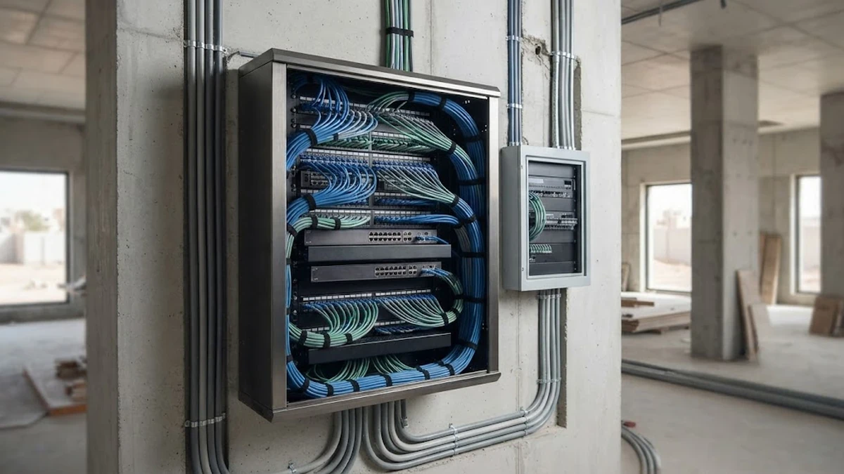 تخطيط هندسي مسبق لتمديدات كابلات الأنظمة الذكية والتيار الخفيف داخل فيلا قيد الإنشاء بالسعودية
