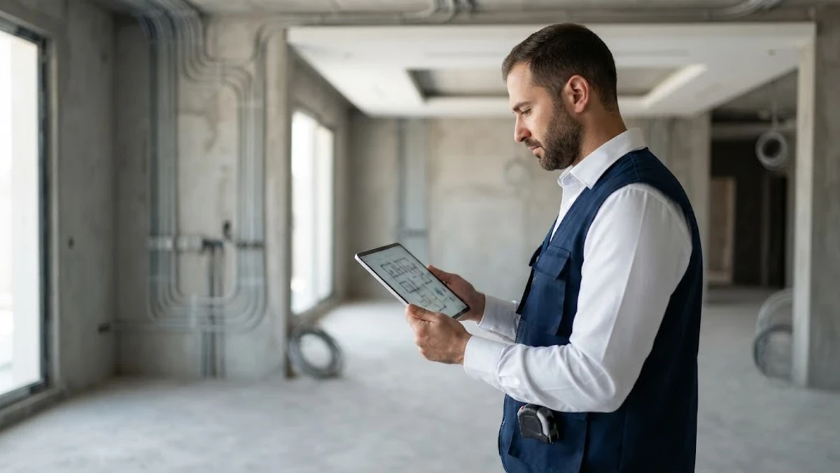 مهندس يراجع المخططات التنفيذية الذكية داخل فيلا مودرن تحت الإنشاء في السعودية لمشروع سمارت هوم مستدام.