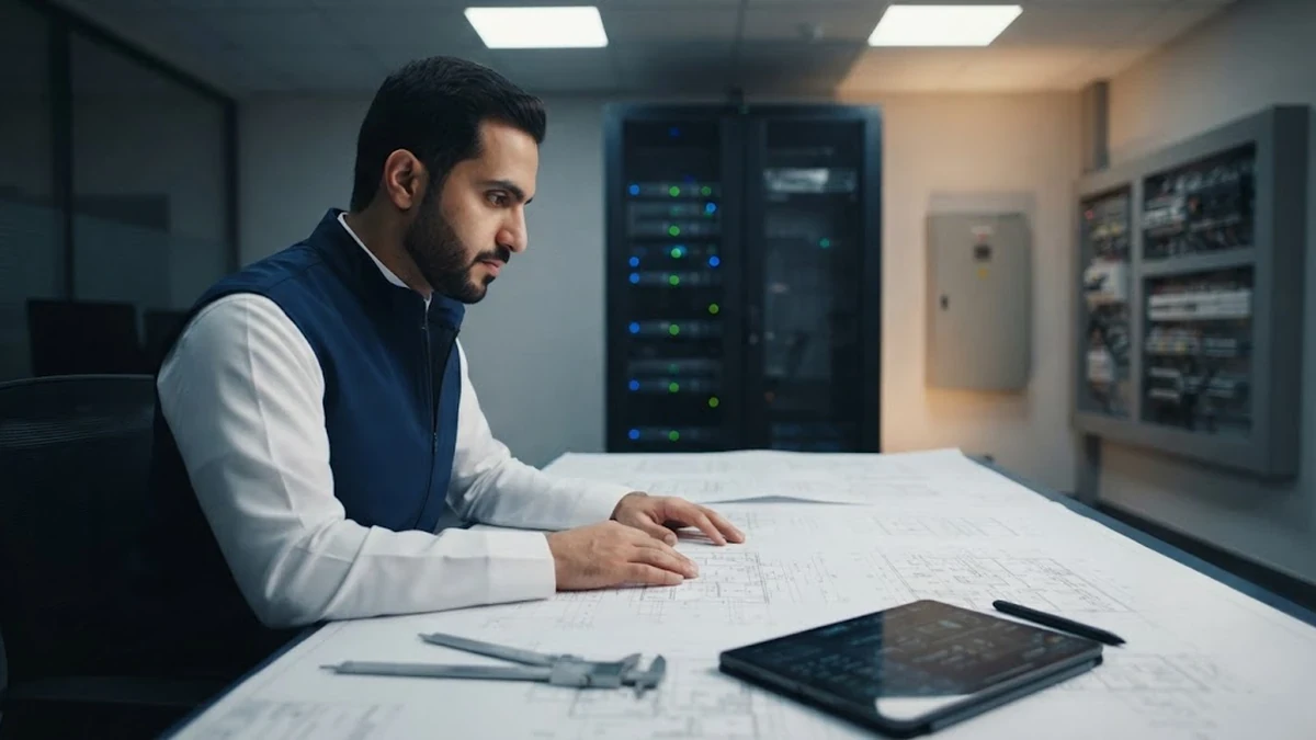 مهندس أنظمة يقوم بمراجعة المخططات الهندسية والتنفيذية لتأسيس أنظمة التيار الخفيف والمنزل الذكي للفيلات