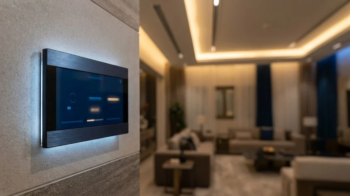 نظام تحكم ذكي مدمج بالجدار لإدارة الإضاءة والتكييف في صالة فيلا فاخرة بتصميم سعودي حديث