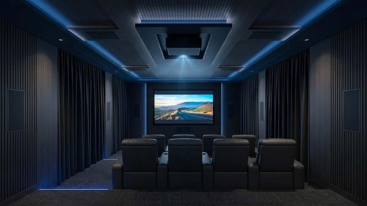 تصميم هيدروليكي ذكي لسينما منزلية داخل فيلا فاخرة تجمع بين الإضاءة المخفتة والأنظمة الصوتية الغامرة