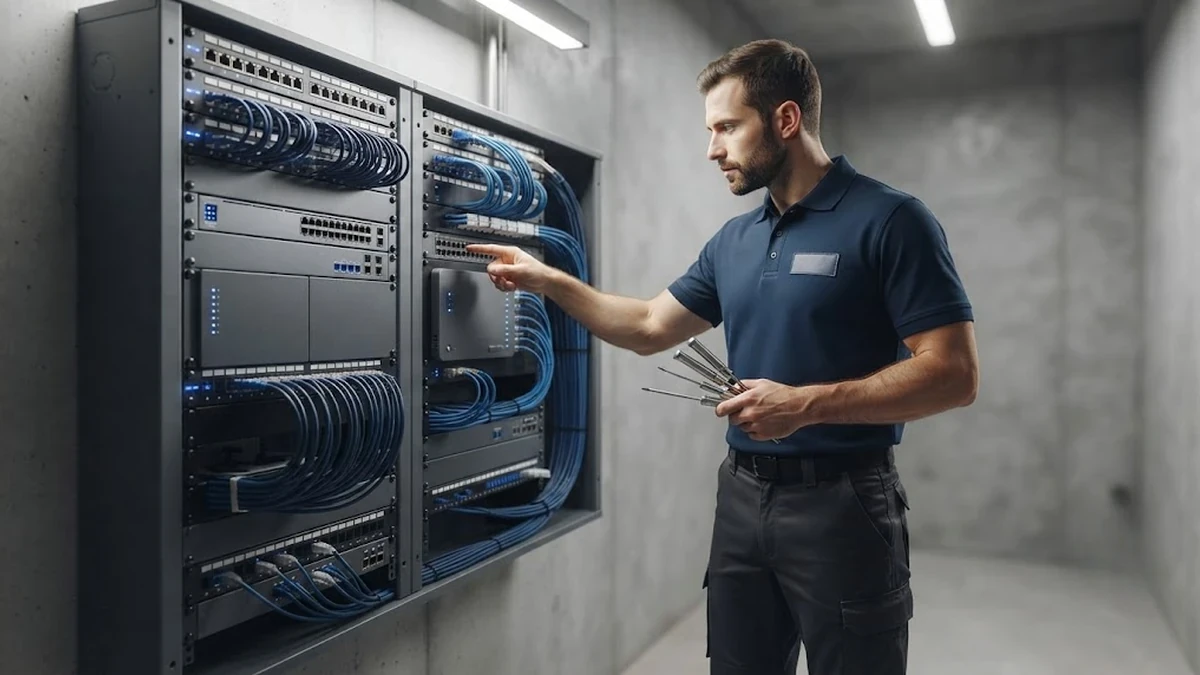 مهندس سعودي محترف يقوم بفحص وتأسيس لوحة التحكم والشبكات الذكية للتيار الخفيف داخل فيلا حديثة