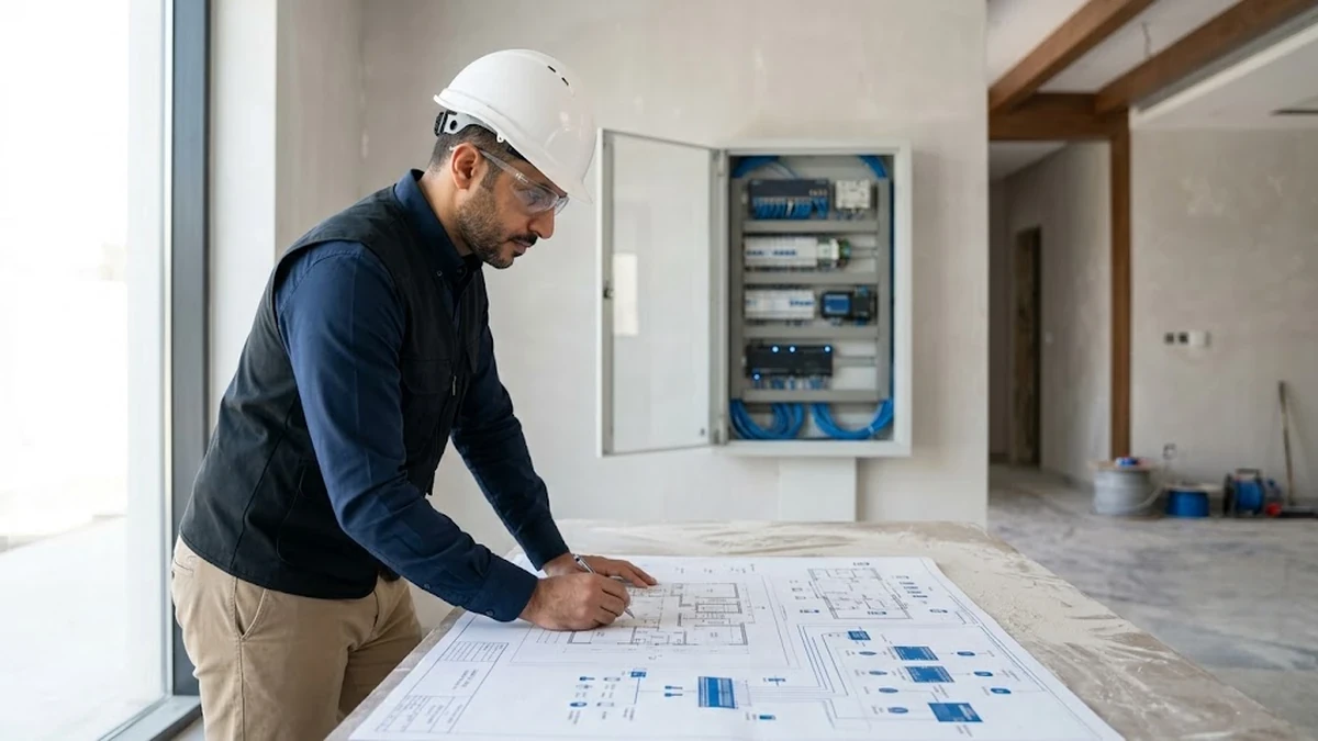 مهندس سعودي يراجع المخططات التنفيذية واللوحات التقنية لتنفيذ أنظمة المنازل الذكية في موقع مشروع فيلا حديثة
