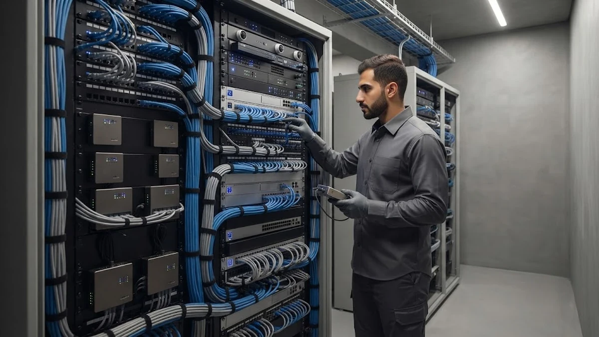مهندس متخصص يقوم بفحص كابلات وأنظمة التيار الخفيف داخل غرفة التحكم الفنية لفيلا سكنية ذكية.