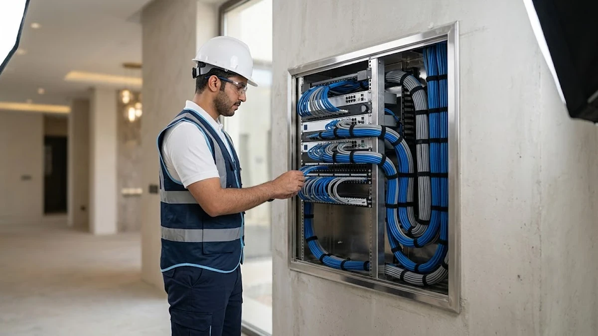 مهندس فني يقوم بفحص وتخطيط كابلات التيار الخفيف والأنظمة الذكية داخل فيلا سكنية قيد التأسيس