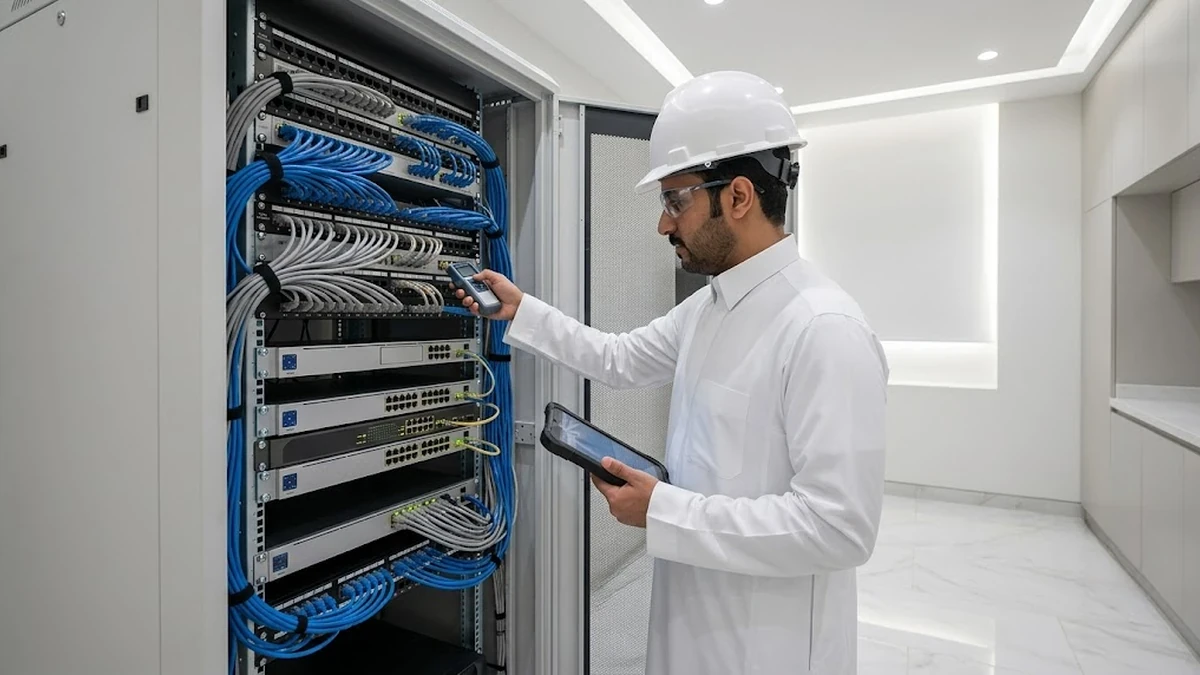 مهندس يفحص كابينة شبكات وأنظمة تيار خفيف في غرفة التحكم بفيلا سكنية ذكية بالمدينة المنورة