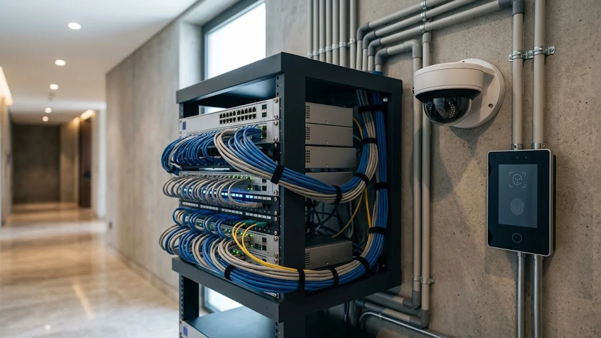 تركيب أنظمة التيار الخفيف وكاميرات المراقبة الرقمية والتحكم في الدخول داخل فيلا حديثة بجدة