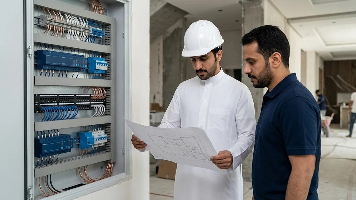مهندس سعودي يعاين لوحة تحكم ذكية ونظام تيار خفيف أثناء دراسة وتصميم مشروع أتمتة فيلا