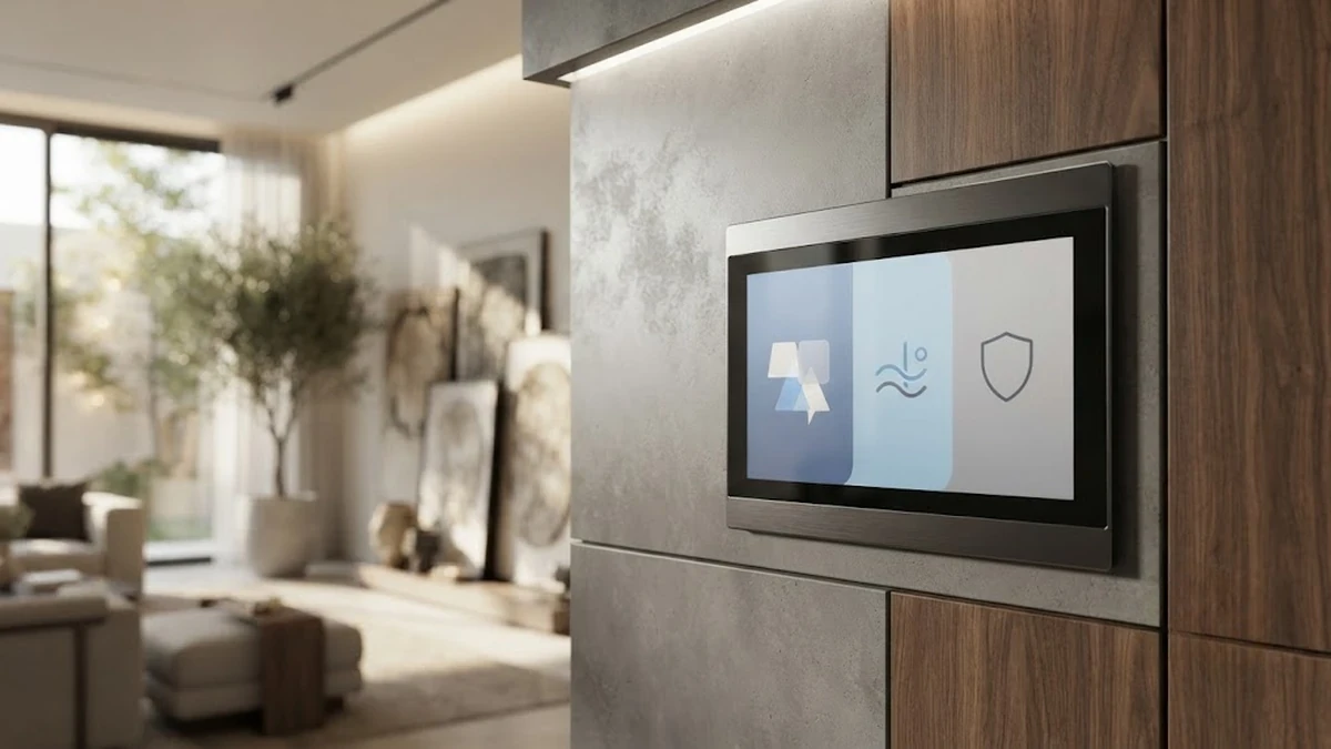 شاشة تحكم ذكية جدارية متكاملة مثبتة داخل فيلا مودرن تعكس معايير الجودة والاحترافية في تصميم الأنظمة