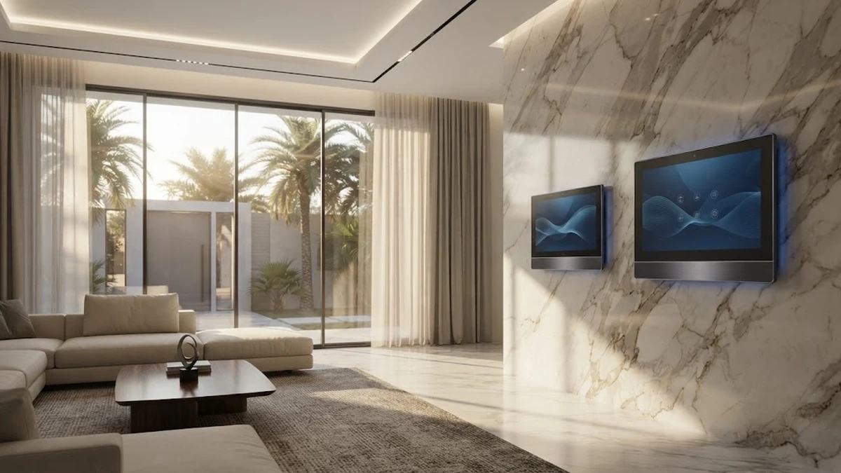بنية هندسية متكاملة لنظام المنزل الذكي داخل فيلا مودرن فاخرة توضح ترابط أنظمة الإضاءة والتحكم