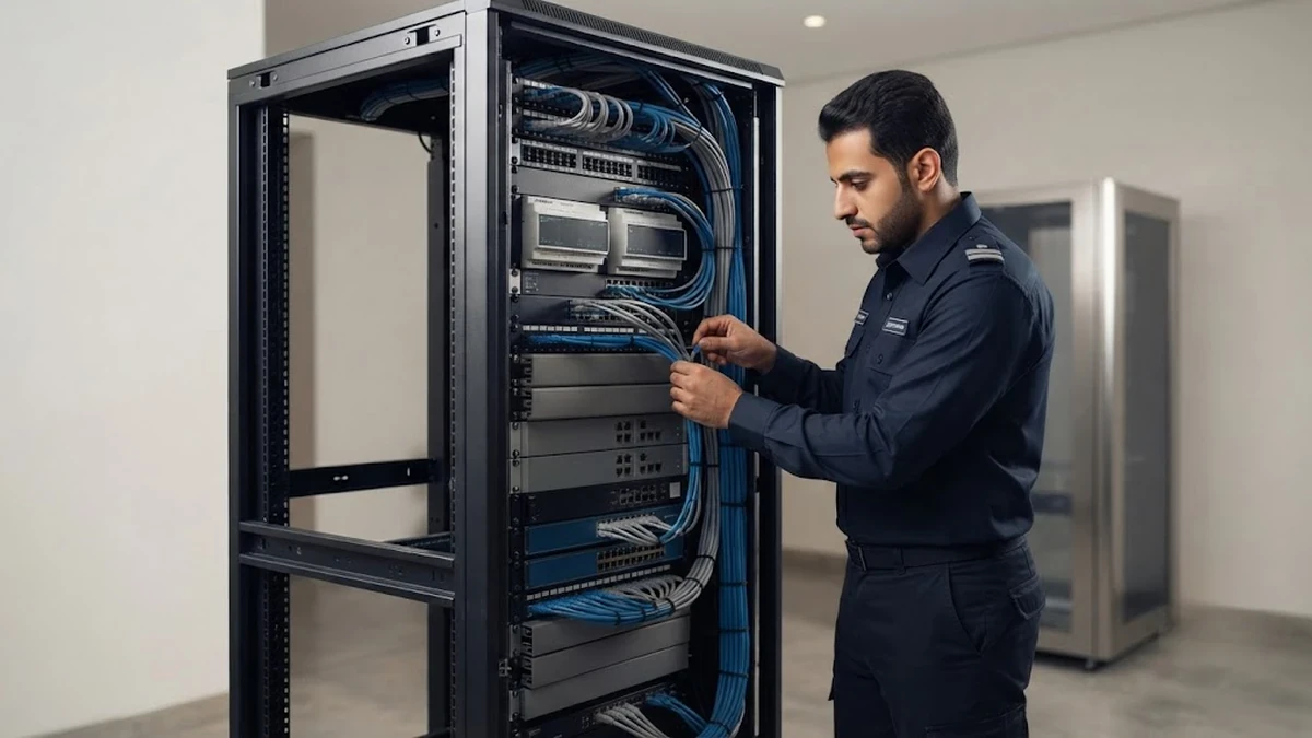 فني يقوم بتنظيم وتمديد كابلات شبكة الأتمتة داخل خزانة التحكم الذكي في فيلا بالمنطقة الغربية