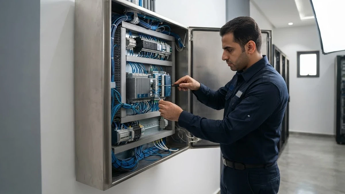 مهندس شبكات وتيار خفيف يقوم بتركيب وتوصيل لوحة التحكم المركزية للمنزل الذكي في فيلا سكنية