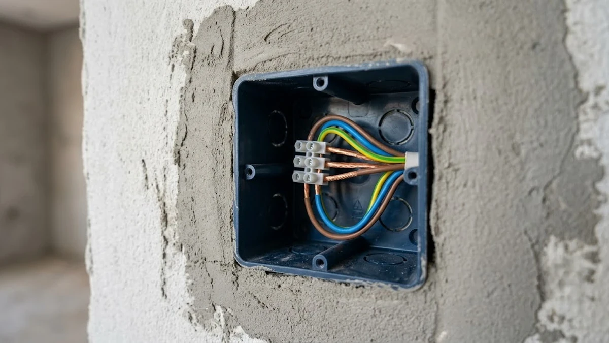 صورة تفصيلية لعلبة جدارية عميقة مجهزة هندسياً وممدد بها خط النيوترول لتأسيس نظام سمارت هوم
