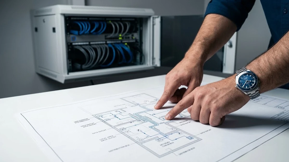 مهندس يخطط مسارات تمديدات شبكات وأنظمة المنازل الذكية على مخطط معماري تفصيلي لفيلا مودرن في السعودية