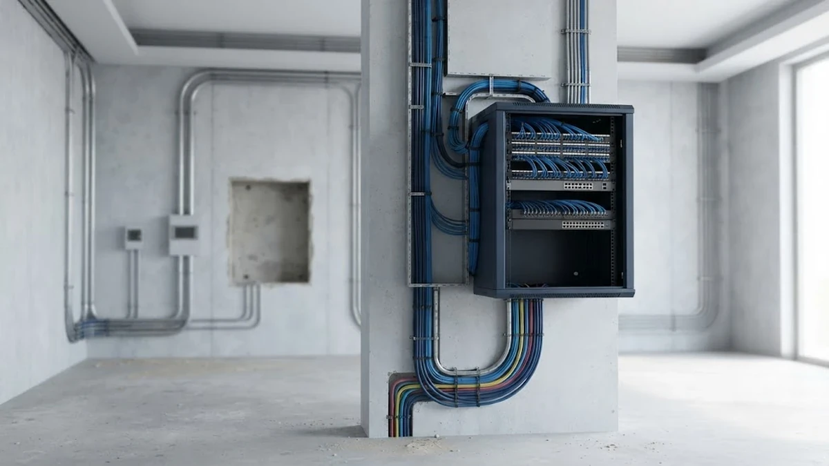 التأسيس الهندسي الذكي ومسارات كابلات التيار الخفيف داخل بنية تحتية لفيلا سعودية حديثة قيد الإنشاء