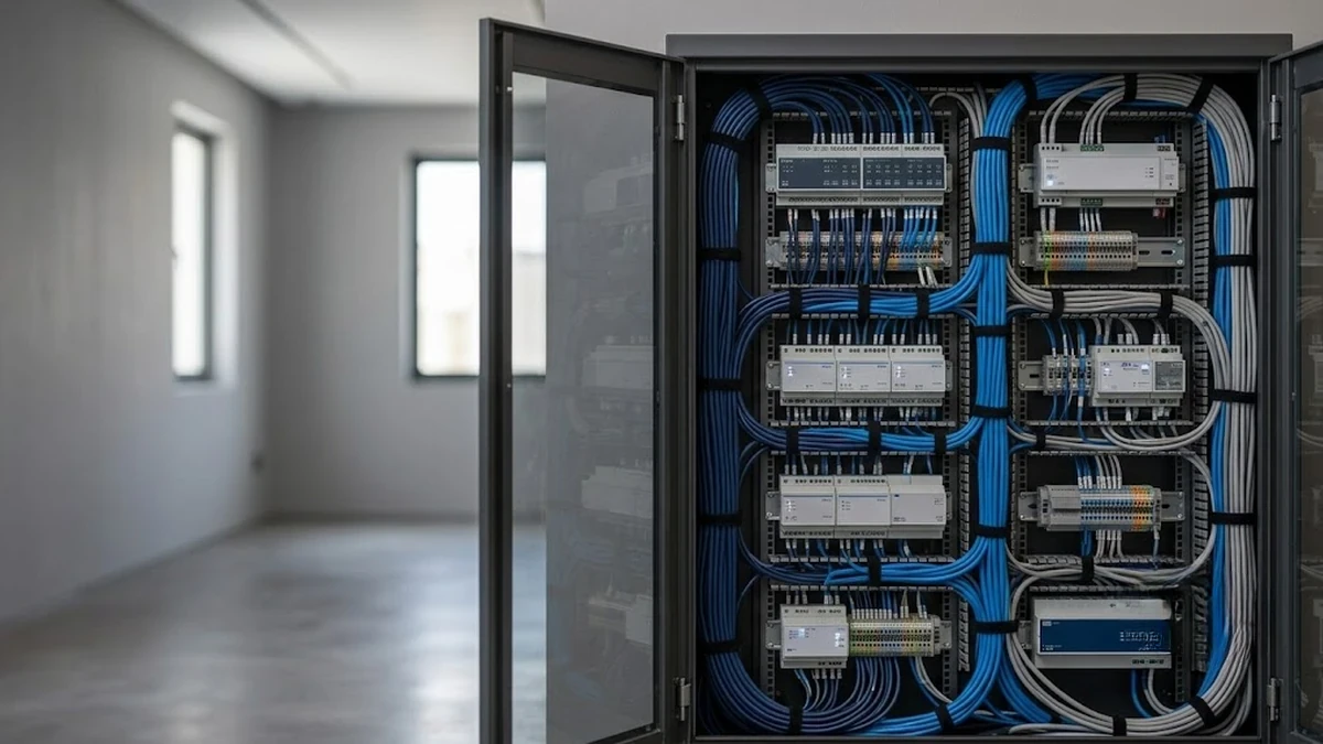 لوحة تحكم مركزية ذكية تعتمد على بروتوكول KNX السلكي داخل غرفة كهرباء في فيلا سكنية فاخرة