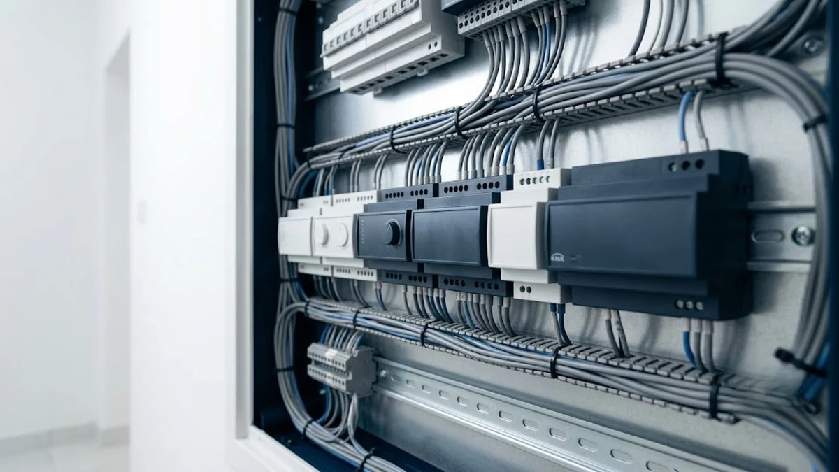 لوحة توزيع كهربائية ذكية تحتوي على وحدات نظام KNX السلكية المنظمة لإدارة أتمتة الفلل الفاخرة