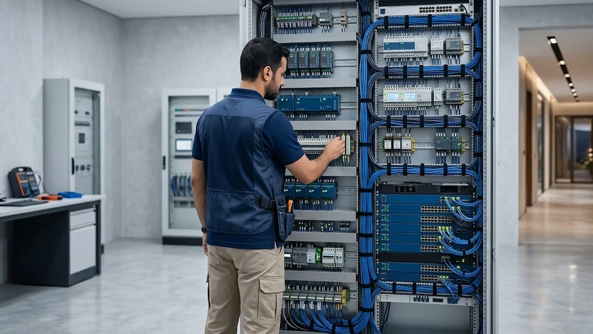 مهندس مختص يقوم بفحص لوحة التحكم المركزية للأنظمة الذكية ضمن خدمات الصيانة الدورية للفلل