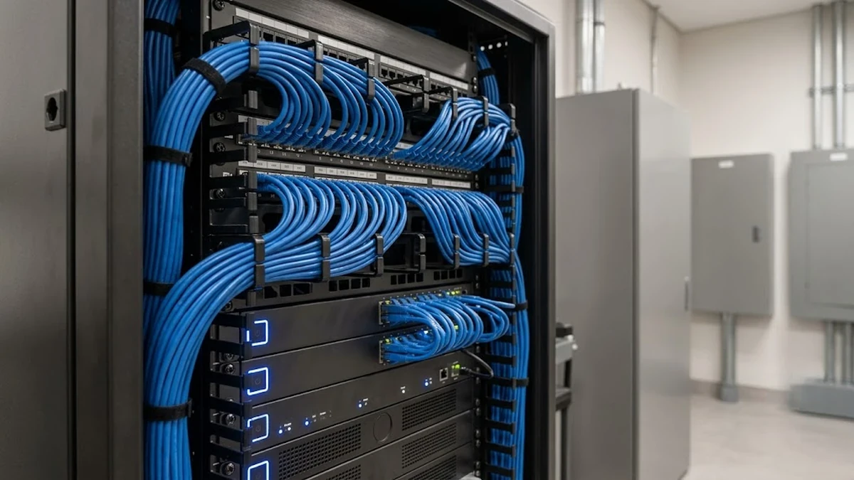 كابينة شبكات وتيار خفيف منظمة باحترافية داخل نظام أتمتة مركزي متكامل لفيلا مودرن في الرياض