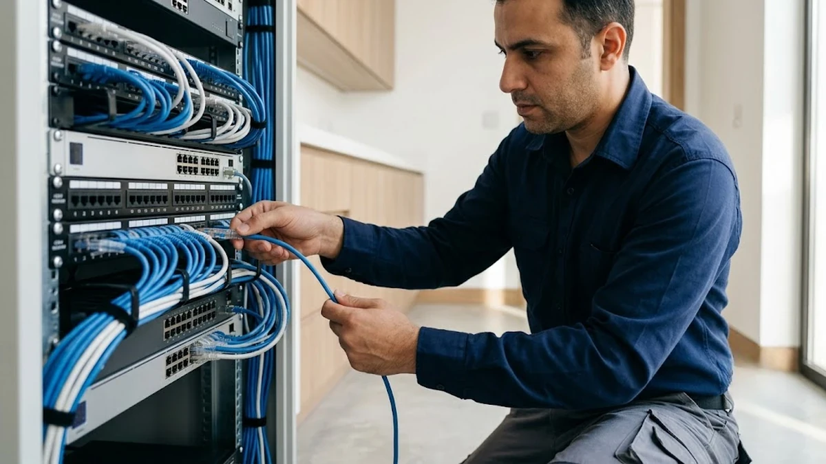 مهندس اتصالات يقوم بتنظيم وبرمجة كابلات شبكة التيار الخفيف داخل كابينة تمديدات منزل ذكي في السعودية