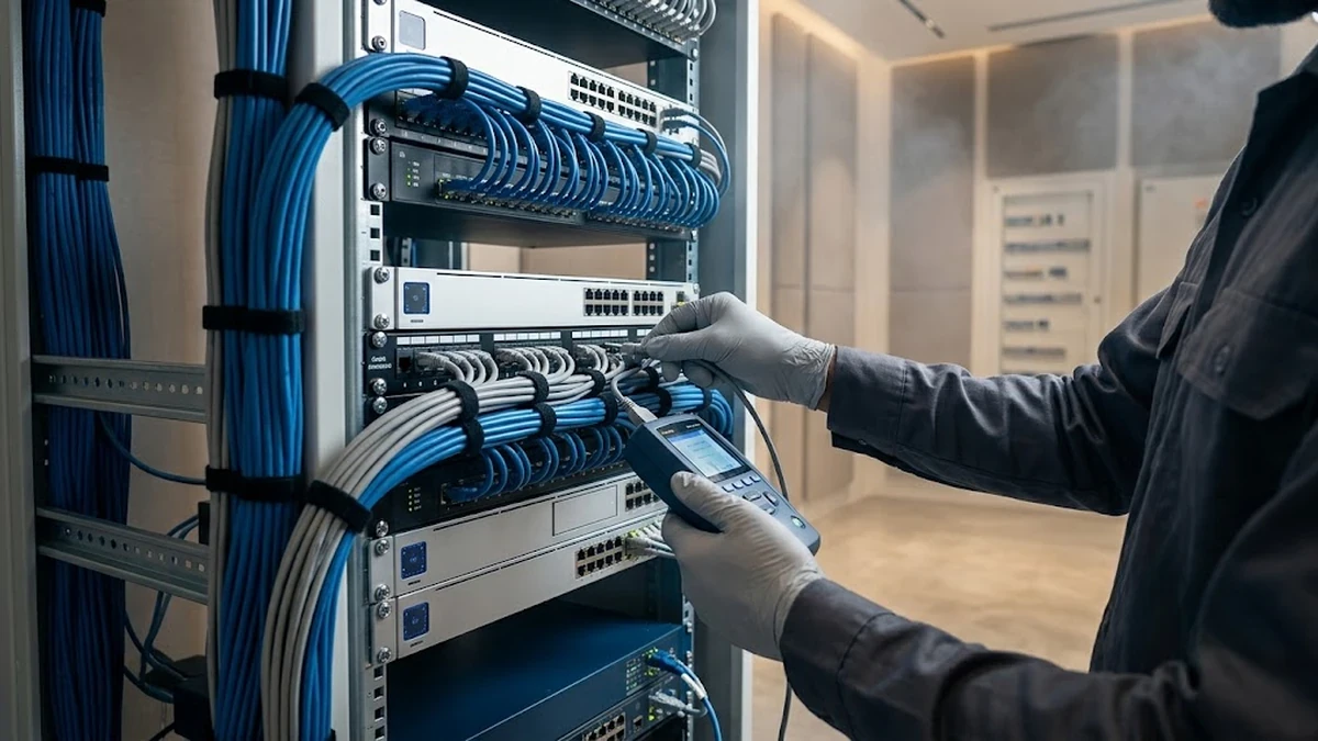 مهندس فني يقوم بفحص وبرمجة كابينة تيار خفيف وشبكات ذكية لتنفيذ منظومة منزل ذكي متكاملة