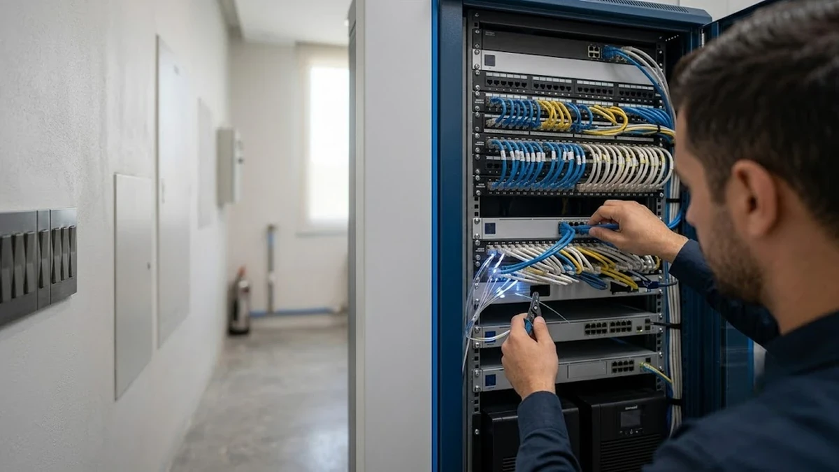 مهندس أنظمة ذكية يقوم ببرمجة وفحص كابينة الشبكات والتيار الخفيف داخل فيلا حديثة
