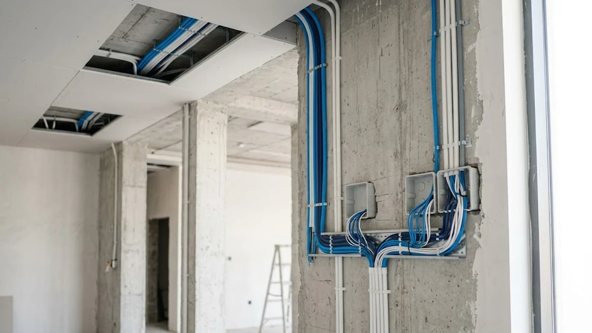 التأسيس الهندسي المسبق لتمديدات ومسارات أنظمة السمارت هوم والتيار الخفيف داخل أسقف وجدران فيلا تحت التشطيب