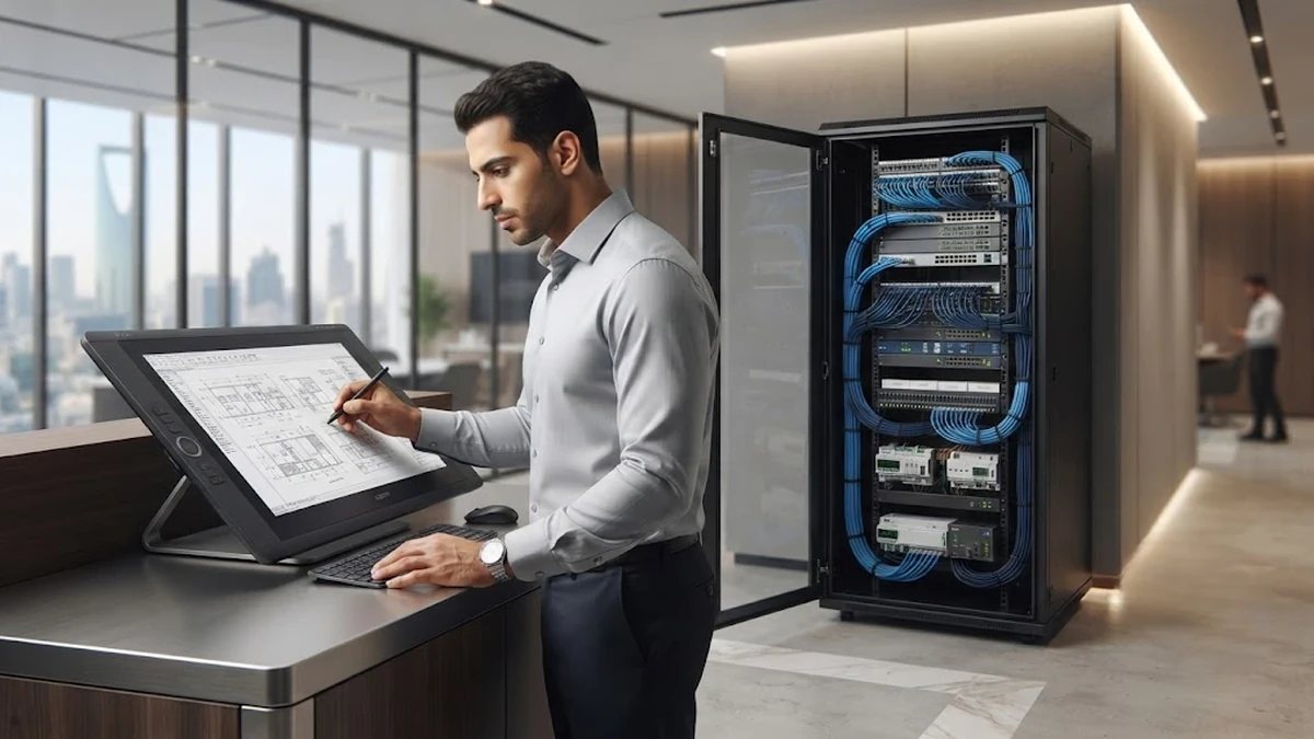 مهندس يراجع المخططات التنفيذية وهندسة أنظمة الأتمتة والتحكم الذكي للمباني الفاخرة