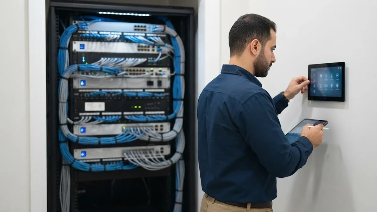 مهندس تيار خفيف يقوم ببرمجة وفحص نظام التحكم الذكي داخل فيلا حديثة