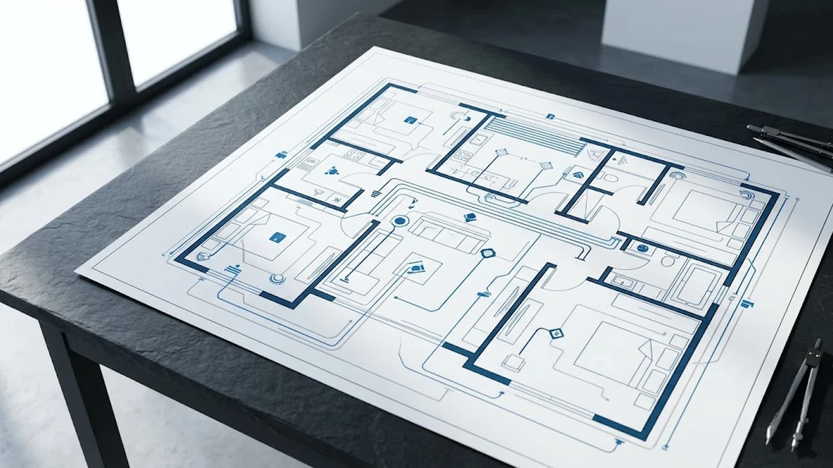 مخطط هندسي تقني ثنائي الأبعاد يوضح توزيع مسارات الأنظمة الذكية والتيار الخفيف لفيلا سكنية