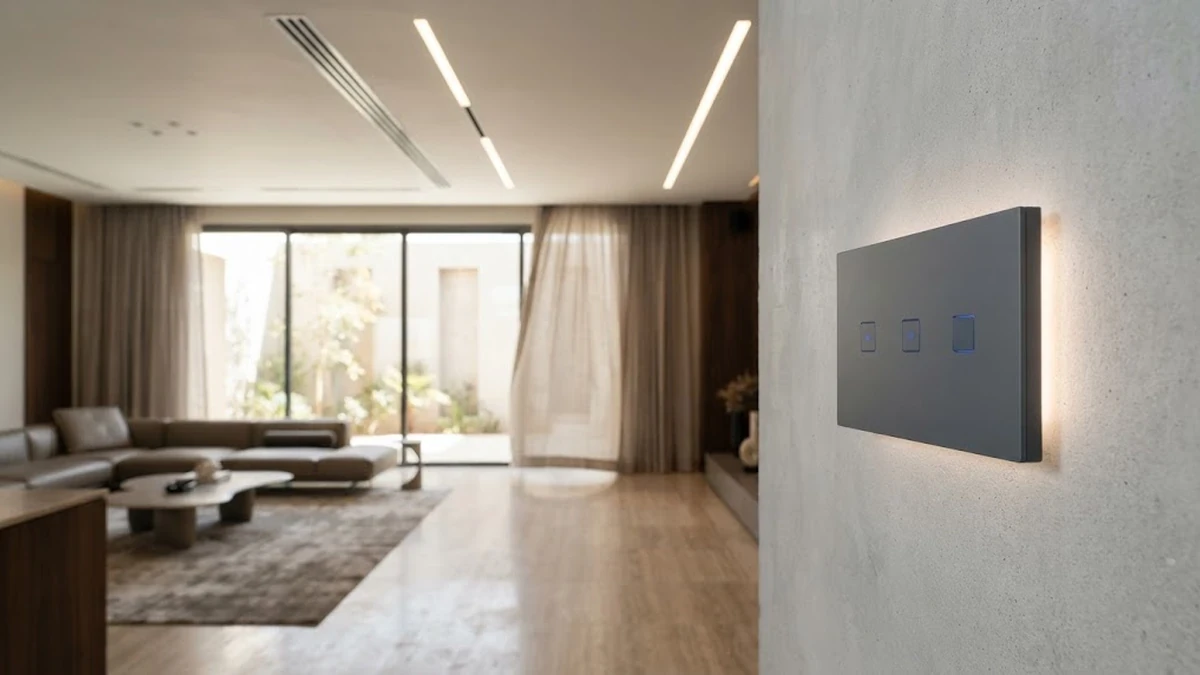 تصميم هندسي متكامل للأنظمة الذكية داخل فيلا مودرن يربط بين التكييف والستائر والإضاءة