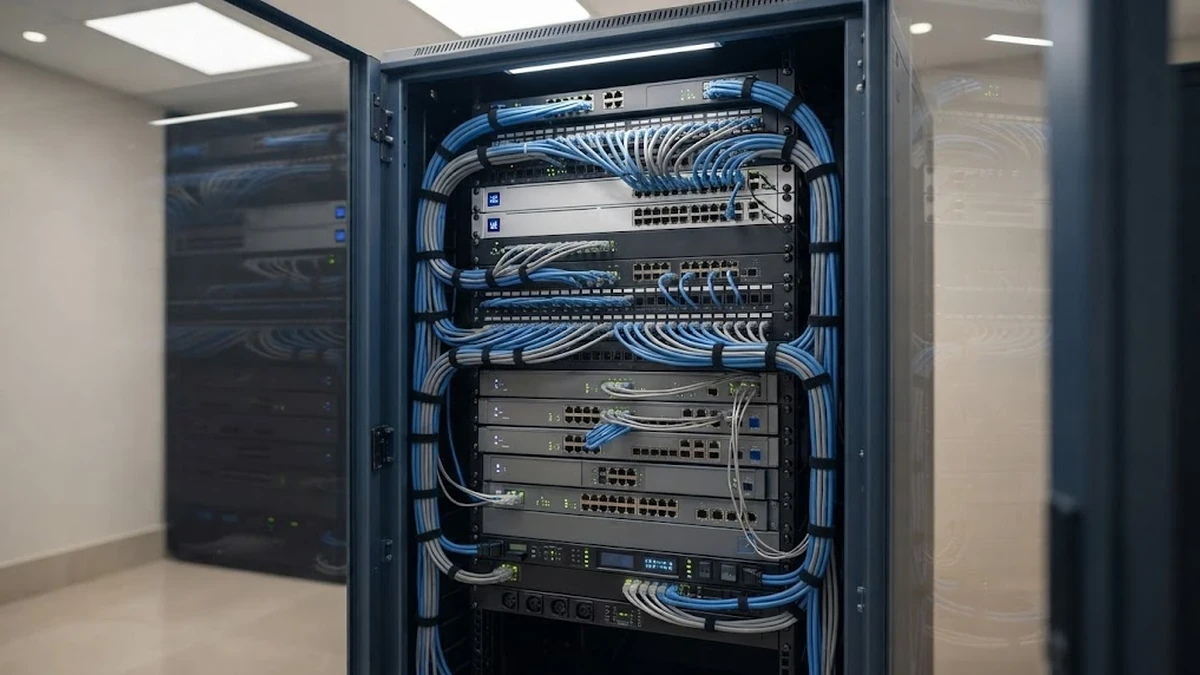 خزانة شبكات وأنظمة تيار خفيف منظمة باحترافية لتأسيس البنية التحتية للمنازل الذكية والفلل