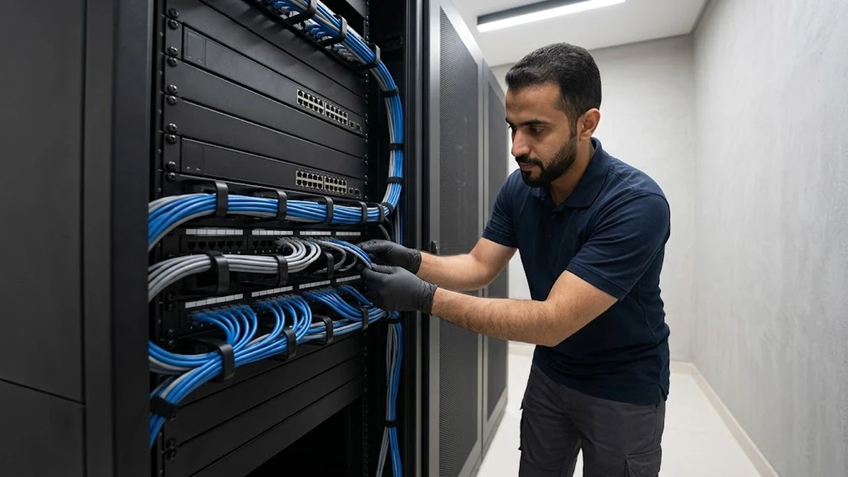 تركيب وتجهيز كابلات الشبكة الهيكلية والراكات داخل غرفة السيرفرات في فيلا ذكية بالرياض
