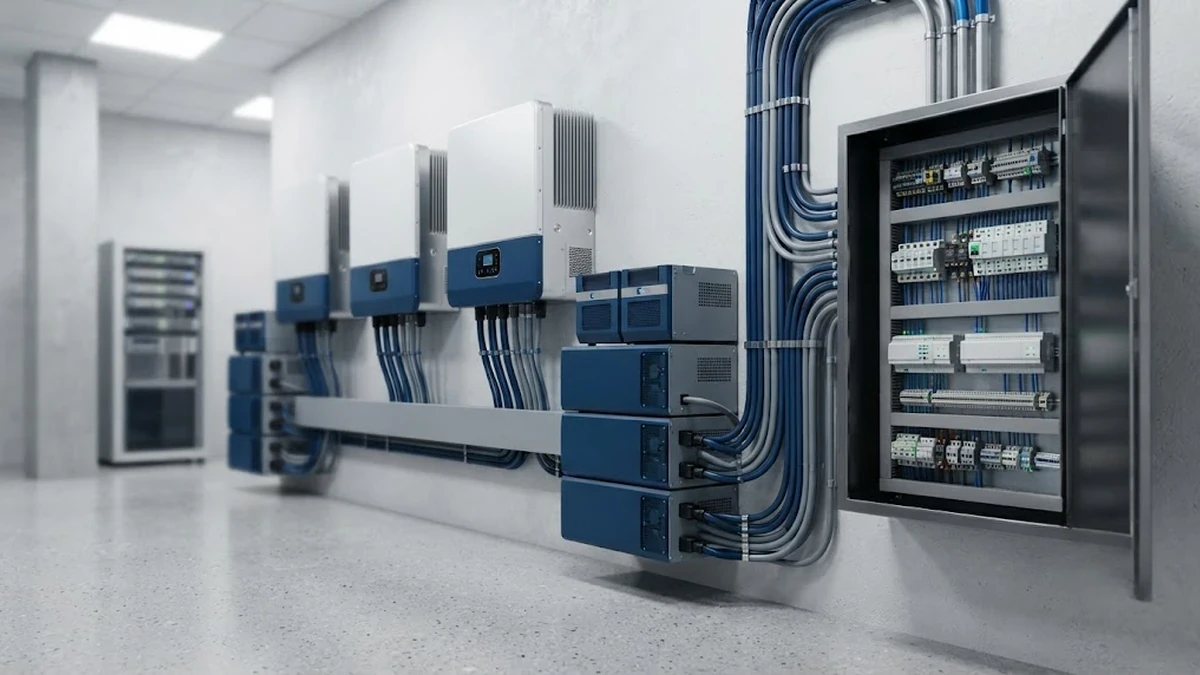 تكامل هندسي بين عواكس الطاقة الشمسية ووحدات الـ UPS الذكية داخل غرفة كهرباء في فيلا حديثة بالمملكة
