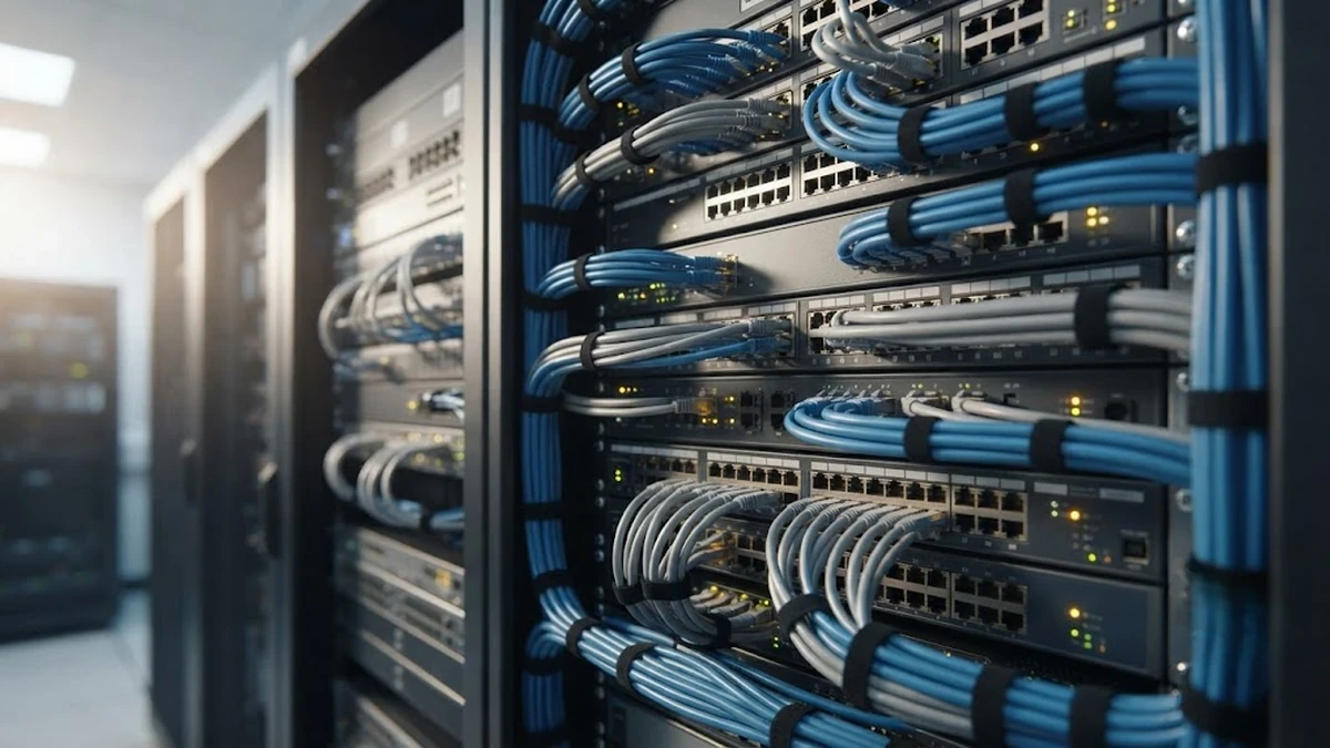 خزانة سيرفرات وأنظمة تيار خفيف منظمة باحترافية تحتوي على كابلات شبكة وهواتف ذكية داخل منشأة حديثة.