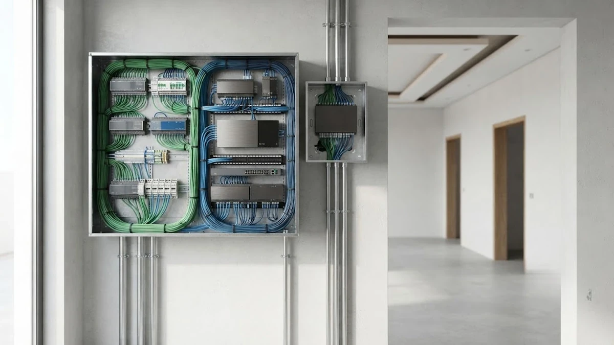 تمديد كابلات وتأسيس الأنظمة السلكية الذكية مثل بروتوكول KNX داخل لوحة التحكم لفيلا حديثة قيد الإنشاء